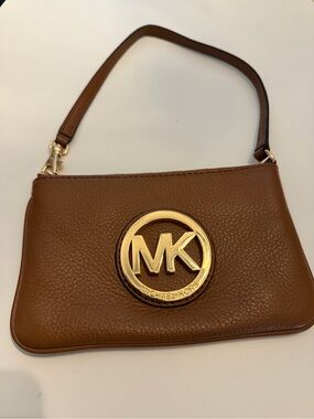 Michael Kors Brown Leather Wristlet with Gold MK Emblem